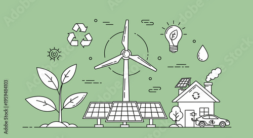 Eco friendly home, renewable energy, solar panel, wind turbine, green living