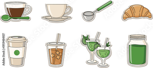 Coffee and matcha cafe set with drinks, croissant and tools. Cute vector illustration of beverages and desserts. Modern cafe elements isolated for menu design.
