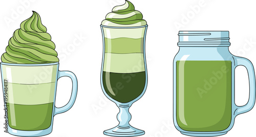 Matcha green tea drinks set with layered latte and whipped cream. Vector illustration of trendy cafe beverages. Healthy dessert drinks isolated for menu design.