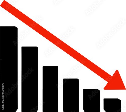 Bar chart with downward trend line showing decline and negative performance, statistical data visualization concept