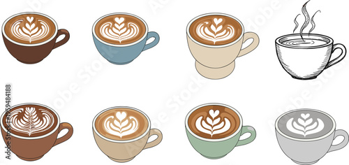 Coffee cups set with latte art in different colors and styles. Flat vector illustration of cappuccino drinks. Modern cafe beverages isolated for menu design.