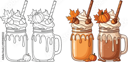 Autumn pumpkin coffee drinks with whipped cream and spices. Hand drawn vector illustration of seasonal beverages. Cozy fall cafe elements isolated for design.