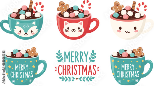 Cute Christmas coffee cups with marshmallows and gingerbread. Festive vector illustration with holiday drinks and lettering. Cozy winter cafe design isolated.