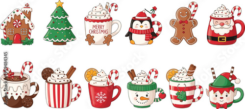 Christmas coffee drinks set with festive cups, gingerbread and candy cane. Cute vector illustration of holiday beverages. Cozy winter elements isolated for design.