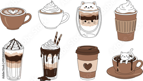 Cute coffee drinks set with cat themed cups and desserts. Hand drawn vector illustration of latte and sweet beverages. Cozy cafe elements isolated.