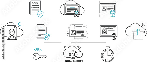 Digital signature and online notarization concept with e sign approval contracts secure documents and cloud verification line vector illustration set