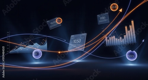 Indigo orange floating indicators, curved lines, transparent charts, soft volumetric lighting, light streaks, professional business growth visuals.