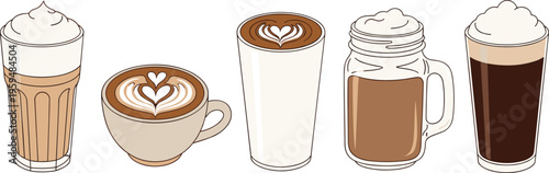 Coffee drinks set with latte, cappuccino and iced beverages. Minimal vector illustration of cafe drinks with foam. Modern collection isolated for menu design.