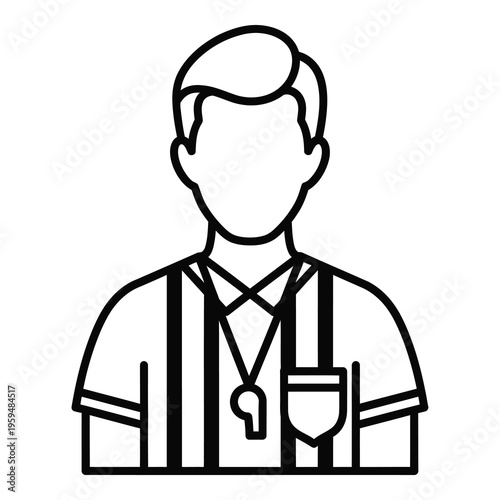 Line drawing of a man wearing a striped shirt and whistle icon