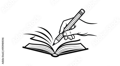 A vector illustration graphic depicting a hand holding a pencil, writing or sketching diligently in an open book design.
