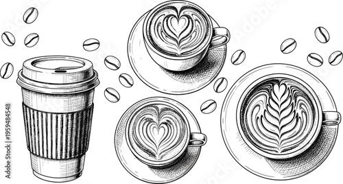 Hand drawn coffee cups with latte art and takeaway cup. Vintage sketch vector illustration with beans. Cafe beverages isolated for menu and branding design.
