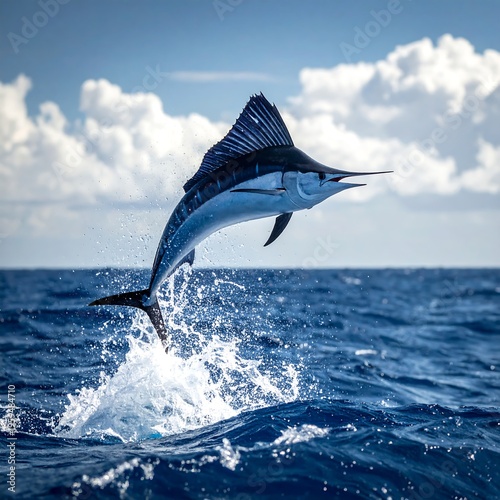 A majestic sailfish leaps from the ocean. Its dark blue body and tall dorsal fin catch the sunlight, against a cloudy sky