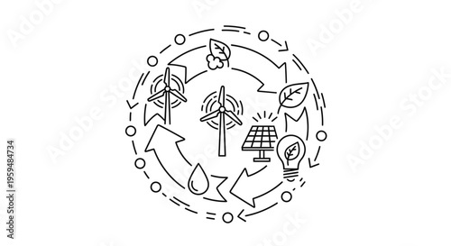 Eco friendly icons, sustainable symbols, green energy illustrations, environmental signs