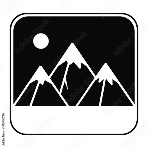 Mountain landscape with moon and square frame in white and black icon