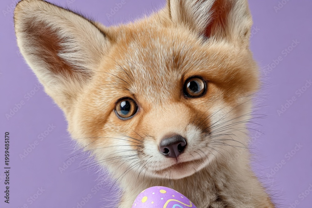 Obraz premium Fox cub's delightful easter egg surprise encounter. Movie artwork. Joyful fox cub in dreamy easter landscape with sparkling egg. Visual poster. Fantasy poster.