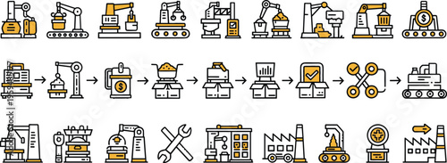 Industrial automation and manufacturing process icon set with robotic arms conveyor machines factory equipment and production workflow line vector illustration