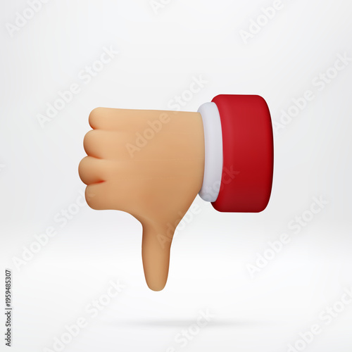 3D render of human hand showing thumbs down sign. Cartoon gesture icon representing dislike, rejection, failure or bad feedback. Digital symbol for social media interaction. Vector illustration