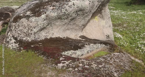 Ancient anthropomorphic tomb carved in granite rock in meadow.