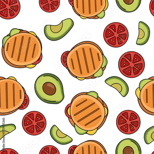 Seamless Pattern of Healthy Grilled Panini Sandwich with Avocado and Tomato Slices in Modern Flat Illustration for Food Wrap and Deli Branding