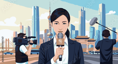 Illustration of a female news anchor holding a microphone with a cityscape and cameraman in the background, conveying a professional and modern mood.