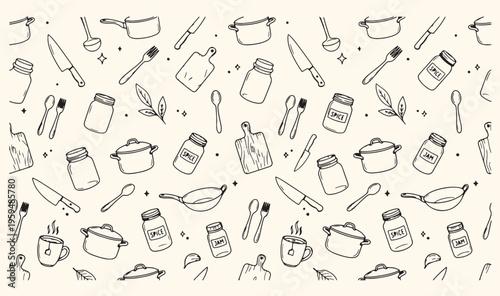 Kitchen tools doodle pattern, cooking utensils sketch background, hand drawn culinary equipment texture, seamless chef tools wallpaper, restaurant menu design element, home cooking icons collection, d