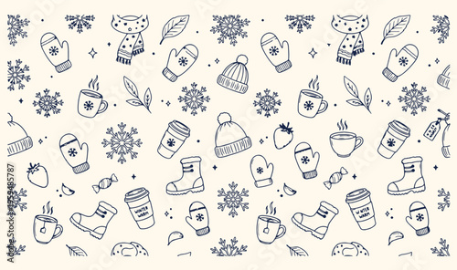  Winter season doodle pattern, christmas holiday cozy background, snowflakes and warm clothing sketch, seamless seasonal winter wallpaper, hand drawn mitten and boot texture, festive coffee and hat de