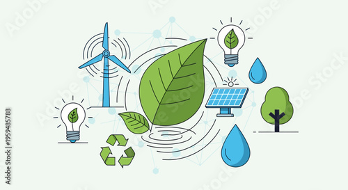 Eco friendly icons, sustainable energy symbols, green technology illustrations, environmental conservation graphics