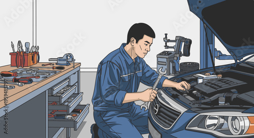 Mechanic in blue uniform inspecting car engine in a garage with tools on a workbench.