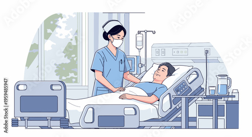 A nurse in blue scrubs and a face mask tends to a patient lying in a hospital bed with a white sheet and a blue blanket in a room with a window.