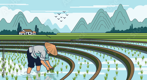 Illustration of a farmer planting rice seedlings in terraced fields with mountains and a house in the background under a blue sky.