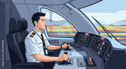 Illustration of a pilot operating train controls in the driver's seat with a scenic view outside the window.