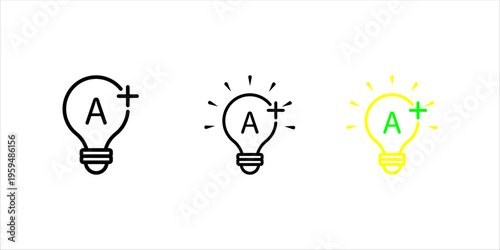 Light bulb with letter A and plus symbol icon set. in outline style representing creative ideas, innovation, improvement, and added value concepts.