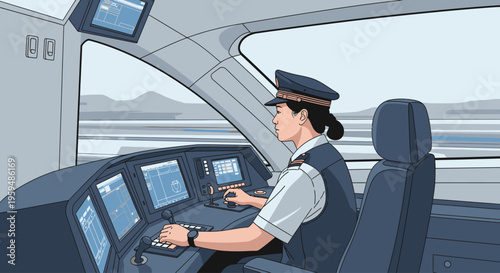 Illustration of a train conductor operating controls in a modern locomotive cabin with a scenic view outside.