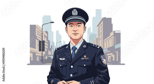 Illustration of a police officer standing confidently in front of a cityscape background with modern buildings and a streetlight.