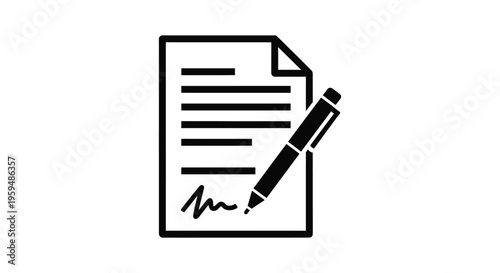 Modern vector illustration depicting a contract document with a pen signing, symbolizing agreement, approval, and official paperwork.