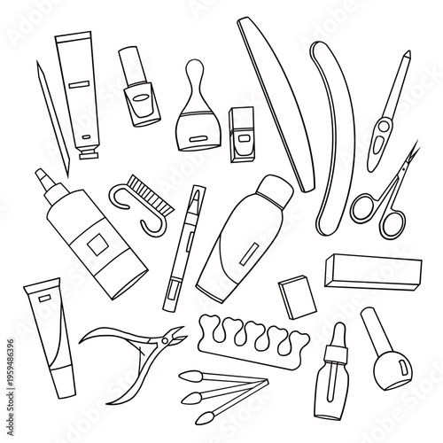 Beauty and Manicure Tools Outline Set Minimal Line Art Illustration