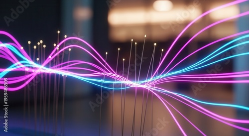 Magenta electric blue light streaks crossing thin wicks, blurred background, ambient glow, modern stock market trend visualization.