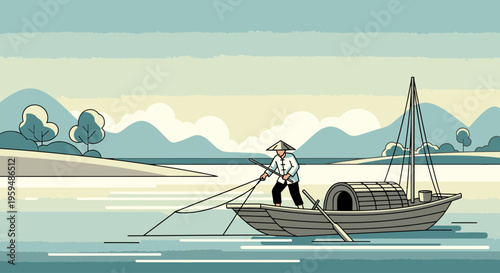 Illustration of a man rowing a boat with a barrel on a serene lake with mountains in the background and a calm atmosphere.