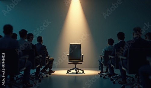 Empty Office Chair Under Spotlight with Audience in Dark Room