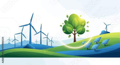 Eco friendly energy, sustainable power, green technology, renewable resources, solar and wind farm