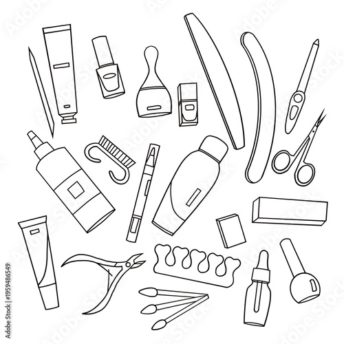 Beauty and Manicure Tools Outline Set Minimal Line Art Illustration