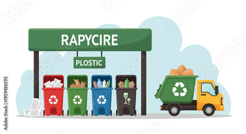 Recycling station, plastic recycling, eco friendly, waste management icons, vector graphics