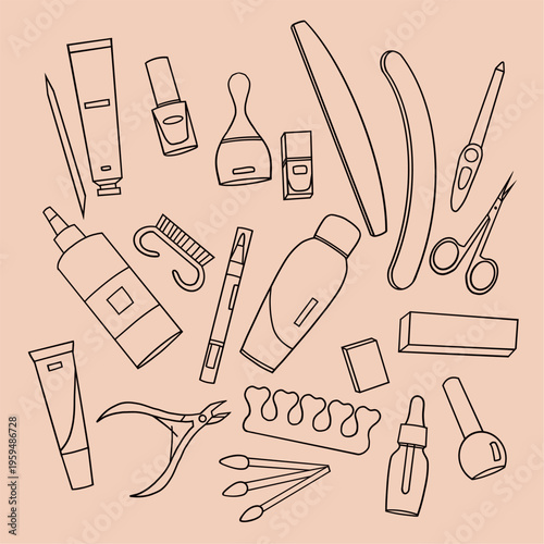 Beauty and Manicure Tools Outline Set Minimal Line Art Illustration