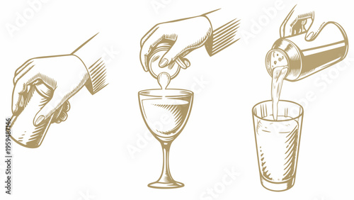 Bartender hands pouring drink into glass mixing cocktail serving liquor flat vector illustration