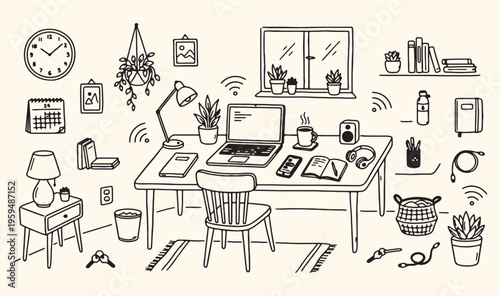 Creative workspace interior illustration, home office background, modern studio desk wallpaper, designer room illustration, hand drawn workspace sketches, productivity environment design, interior arc