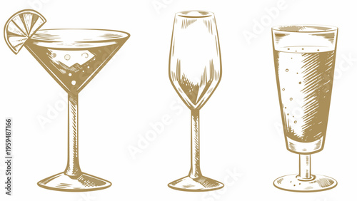 Champagne flute and cocktail glasses vector illustration celebration drinkware set with champagne flute martini glass and tall clear glass with bubbles and lemon slice for festive