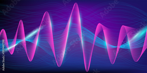 Digital equalizer sound wave vector illustration. Music neon light background. Illuminated digital wave of glowing particles. HUD element technology concept. Dynamic light flow with neon light effect.