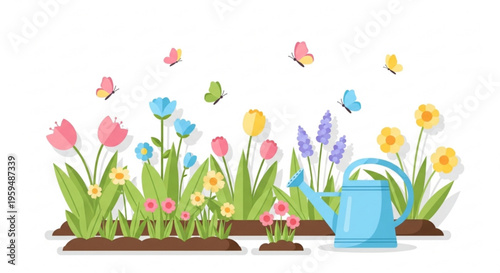 Vibrant spring garden scene bursting with colorful tulips daffodils and forget me nots accompanied by playful butterflies fluttering amidst lush green foliage and a bright blue