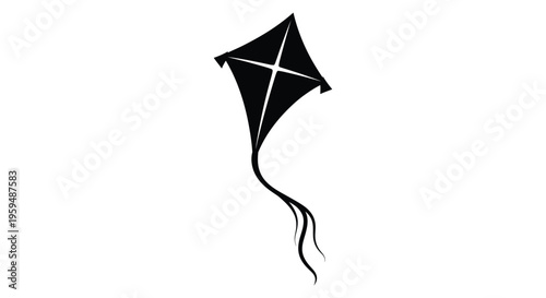 Simple black silhouette vector graphic illustration of a diamond-shaped kite flying high with flowing tail streamers
