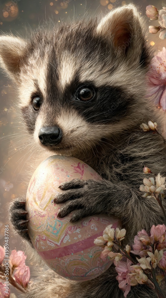 Obraz premium Whimsical spring time: raccoon with colorful egg. Performance metrics. Raccoon cub cradles bright egg in pastel easter setting. Financial report. Financial planning.